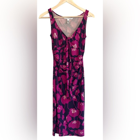 Diane Von Furstenberg 100% Silk Luxury Midi Fuschia Floral Sleeveless Dress Sz 2 - Picture 2 of 9